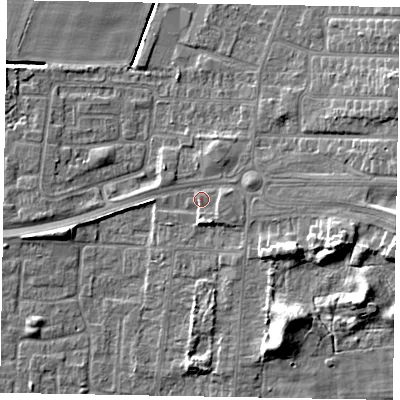 Shaded relief map of the ground around DN157DR, computed from Environment Agency LiDAR. The ground here sits at about 5 m above sea level and falls 12 m across the surrounding 800 m. Surface water reaching this point runs off ground lying to the east, 6.7 m higher.