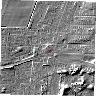 Shaded relief map of the ground around DN157DS, computed from Environment Agency LiDAR. The ground here sits at about 6 m above sea level and falls 13 m across the surrounding 800 m. Surface water reaching this point runs off ground lying to the north-north-west, 1.0 m higher.