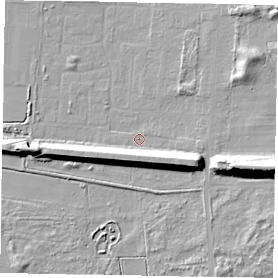 Shaded relief map of the ground around DN157EF, computed from Environment Agency LiDAR. The ground here sits at about 3 m above sea level and falls 21 m across the surrounding 800 m. Surface water reaching this point runs off ground lying to the east-south-east, 13.6 m higher.