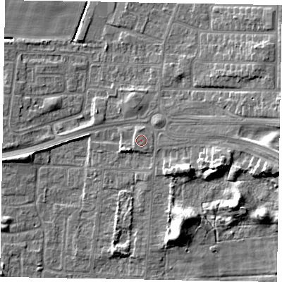 Shaded relief map of the ground around DN157EG, computed from Environment Agency LiDAR. The ground here sits at about 5 m above sea level and falls 13 m across the surrounding 800 m. The ground contributing surface water to this point lies to the east-south-east.
