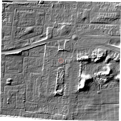 Shaded relief map of the ground around DN157EL, computed from Environment Agency LiDAR. The ground here sits at about 4 m above sea level and falls 12 m across the surrounding 800 m. Surface water reaching this point runs off ground lying to the east, 1.4 m higher.