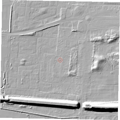 Shaded relief map of the ground around DN157EN, computed from Environment Agency LiDAR. The ground here sits at about 4 m above sea level and falls 21 m across the surrounding 800 m. Surface water reaching this point runs off ground lying to the south-east, 20.7 m higher.