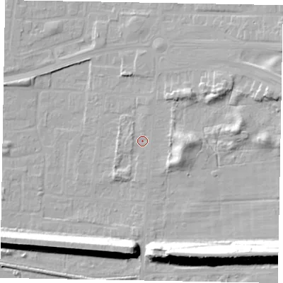 Shaded relief map of the ground around DN157EQ, computed from Environment Agency LiDAR. The ground here sits at about 5 m above sea level and falls 23 m across the surrounding 800 m. Surface water reaching this point runs off ground lying to the east-north-east, 8.2 m higher.