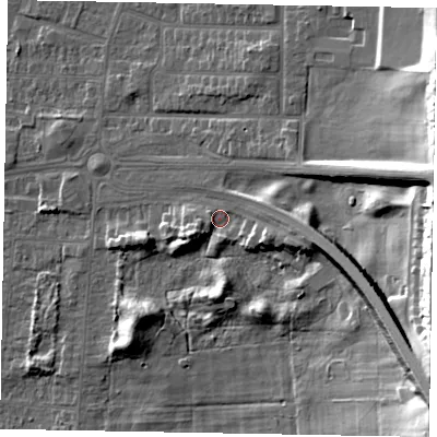 Shaded relief map of the ground around DN157ER, computed from Environment Agency LiDAR. The ground here sits at about 8 m above sea level and falls 27 m across the surrounding 800 m. Surface water reaching this point runs off ground lying to the east-south-east, 8.6 m higher.