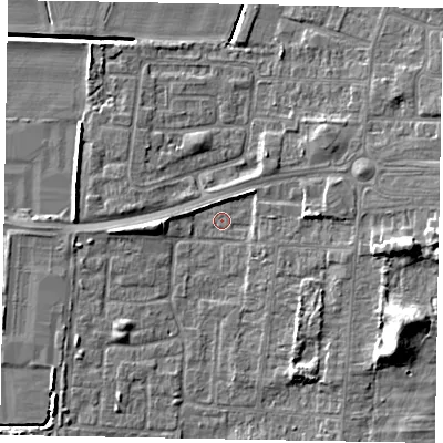 Shaded relief map of the ground around DN157ET, computed from Environment Agency LiDAR. The ground here sits at about 3 m above sea level and falls 12 m across the surrounding 800 m. Surface water reaching this point runs off ground lying to the west, 3.4 m higher.