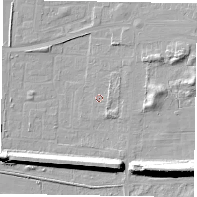 Shaded relief map of the ground around DN157EW, computed from Environment Agency LiDAR. The ground here sits at about 4 m above sea level and falls 21 m across the surrounding 800 m. Surface water reaching this point runs off ground lying to the south-south-east, 2.7 m higher.