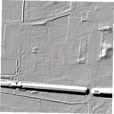 Shaded relief map of the ground around DN157EY, computed from Environment Agency LiDAR. The ground here sits at about 3 m above sea level and falls 21 m across the surrounding 800 m. Surface water reaching this point runs off ground lying to the east-south-east, 19.7 m higher.