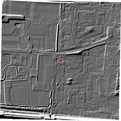 Shaded relief map of the ground around DN157UA, computed from Environment Agency LiDAR. The ground here sits at about 3 m above sea level and falls 16 m across the surrounding 800 m. Surface water reaching this point runs off ground lying to the south-south-east, 2.3 m higher.