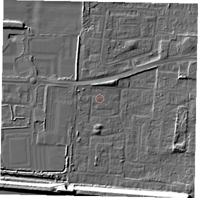 Shaded relief map of the ground around DN157UB, computed from Environment Agency LiDAR. The ground here sits at about 3 m above sea level and falls 15 m across the surrounding 800 m. Surface water reaching this point runs off ground lying to the south, 2.3 m higher.