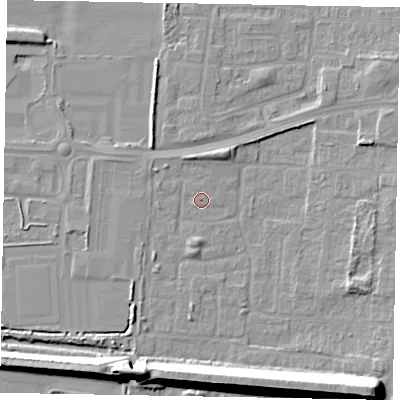 Shaded relief map of the ground around DN157UD, computed from Environment Agency LiDAR. The ground here sits at about 3 m above sea level and falls 16 m across the surrounding 800 m. Surface water reaching this point runs off ground lying to the south, 2.3 m higher.