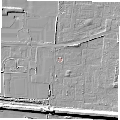 Shaded relief map of the ground around DN157UE, computed from Environment Agency LiDAR. The ground here sits at about 3 m above sea level and falls 15 m across the surrounding 800 m. Surface water reaching this point runs off ground lying to the south-south-east, 2.3 m higher.