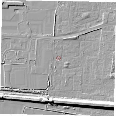 Shaded relief map of the ground around DN157UF, computed from Environment Agency LiDAR. The ground here sits at about 3 m above sea level and falls 15 m across the surrounding 800 m. Surface water reaching this point runs off ground lying to the south-east, 2.3 m higher.
