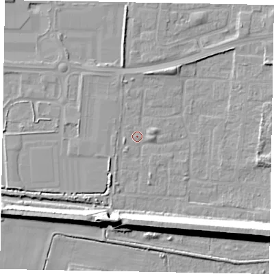 Shaded relief map of the ground around DN157UH, computed from Environment Agency LiDAR. The ground here sits at about 3 m above sea level and falls 16 m across the surrounding 800 m. Surface water reaching this point runs off ground lying to the east, 2.3 m higher.
