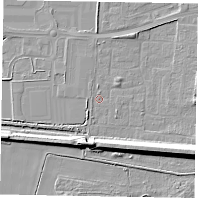 Shaded relief map of the ground around DN157UJ, computed from Environment Agency LiDAR. The ground here sits at about 3 m above sea level and falls 15 m across the surrounding 800 m. Surface water reaching this point runs off ground lying to the east-south-east, 13.7 m higher.