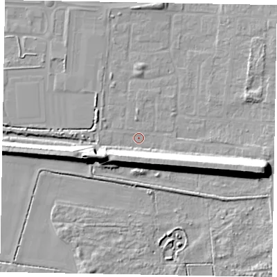 Shaded relief map of the ground around DN157UP, computed from Environment Agency LiDAR. The ground here sits at about 3 m above sea level and falls 15 m across the surrounding 800 m. Surface water reaching this point runs off ground lying to the west-south-west, 12.9 m higher.