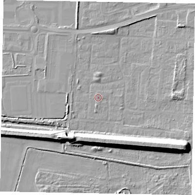 Shaded relief map of the ground around DN157UQ, computed from Environment Agency LiDAR. The ground here sits at about 4 m above sea level and falls 15 m across the surrounding 800 m. Surface water reaching this point runs off ground lying to the east-south-east, 14.4 m higher.