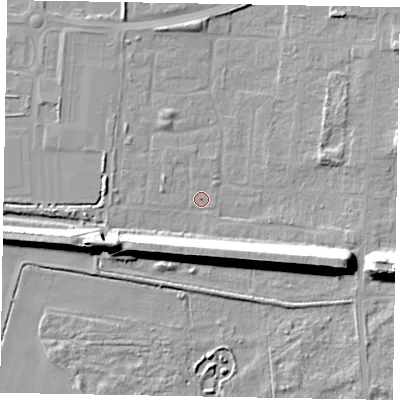 Shaded relief map of the ground around DN157UR, computed from Environment Agency LiDAR. The ground here sits at about 3 m above sea level and falls 18 m across the surrounding 800 m. Surface water reaching this point runs off ground lying to the west-south-west, 12.9 m higher.