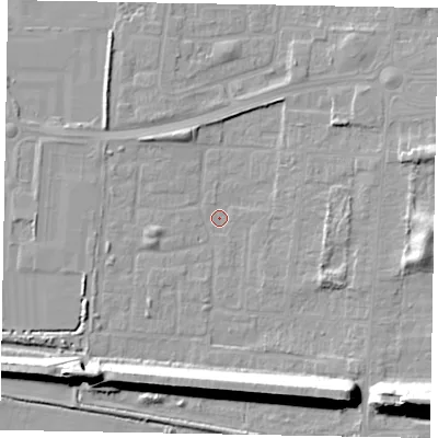 Shaded relief map of the ground around DN157US, computed from Environment Agency LiDAR. The ground here sits at about 3 m above sea level and falls 20 m across the surrounding 800 m. Surface water reaching this point runs off ground lying to the south-east, 14.4 m higher.