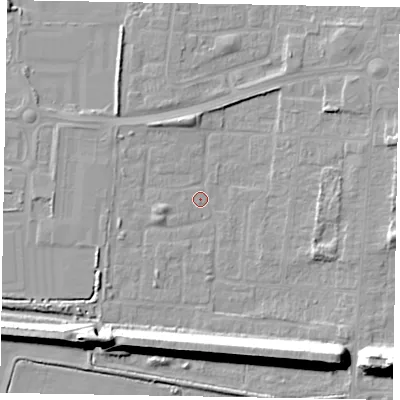 Shaded relief map of the ground around DN157UZ, computed from Environment Agency LiDAR. The ground here sits at about 3 m above sea level and falls 20 m across the surrounding 800 m. Surface water reaching this point runs off ground lying to the south-east, 14.4 m higher.