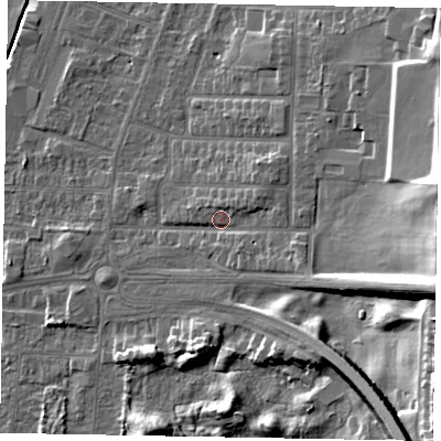 Shaded relief map of the ground around DN158AB, computed from Environment Agency LiDAR. The ground here sits at about 7 m above sea level and falls 24 m across the surrounding 800 m. Surface water reaching this point runs off ground lying to the east-south-east, 18.7 m higher.