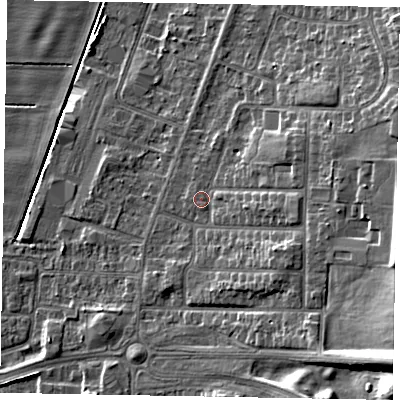 Shaded relief map of the ground around DN158AP, computed from Environment Agency LiDAR. The ground here sits at about 5 m above sea level and falls 19 m across the surrounding 800 m. Surface water reaching this point runs off ground lying to the east-south-east, 5.0 m higher.