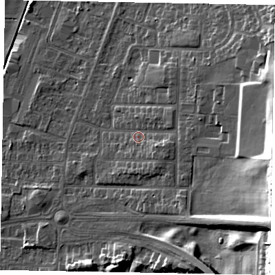 Shaded relief map of the ground around DN158AQ, computed from Environment Agency LiDAR. The ground here sits at about 7 m above sea level and falls 25 m across the surrounding 800 m. Surface water reaching this point runs off ground lying to the east-south-east, 3.3 m higher.