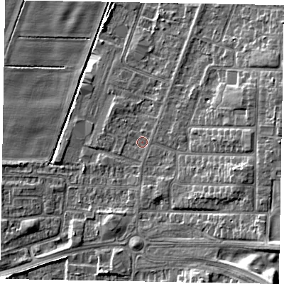 Shaded relief map of the ground around DN158AT, computed from Environment Agency LiDAR. The ground here sits at about 4 m above sea level and falls 14 m across the surrounding 800 m. Surface water reaching this point runs off ground lying to the east-south-east, 5.7 m higher.