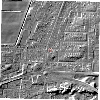Shaded relief map of the ground around DN158AU, computed from Environment Agency LiDAR. The ground here sits at about 5 m above sea level and falls 16 m across the surrounding 800 m. Surface water reaching this point runs off ground lying to the south-south-east, 1.7 m higher.