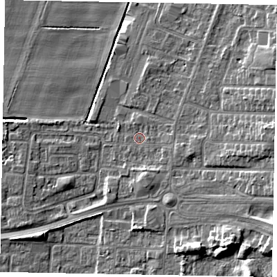 Shaded relief map of the ground around DN158AX, computed from Environment Agency LiDAR. The ground here sits at about 4 m above sea level and falls 12 m across the surrounding 800 m. Surface water reaching this point runs off ground lying to the east-south-east, 1.6 m higher.