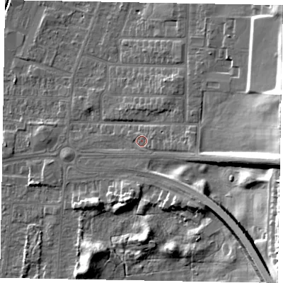 Shaded relief map of the ground around DN158BA, computed from Environment Agency LiDAR. The ground here sits at about 7 m above sea level and falls 27 m across the surrounding 800 m. Surface water reaching this point runs off ground lying to the east-south-east, 6.5 m higher.