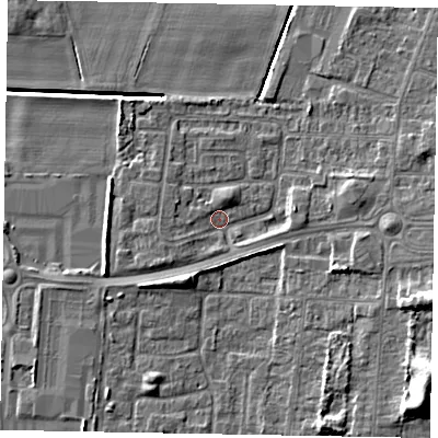 Shaded relief map of the ground around DN158BD, computed from Environment Agency LiDAR. The ground here sits at about 3 m above sea level and falls 12 m across the surrounding 800 m. Surface water reaching this point runs off ground lying to the east, 3.9 m higher.