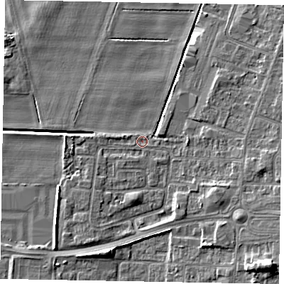 Shaded relief map of the ground around DN158BE, computed from Environment Agency LiDAR. The ground here sits at about 3 m above sea level and falls 10 m across the surrounding 800 m. Surface water reaching this point runs off ground lying to the west, 2.2 m higher.