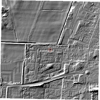 Shaded relief map of the ground around DN158BG, computed from Environment Agency LiDAR. The ground here sits at about 3 m above sea level and falls 10 m across the surrounding 800 m. Surface water reaching this point runs off ground lying to the west-south-west, 0.8 m higher.