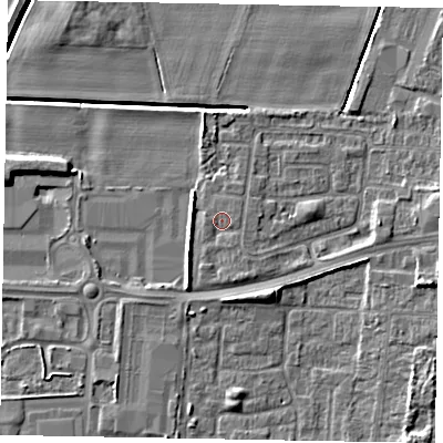 Shaded relief map of the ground around DN158BJ, computed from Environment Agency LiDAR. The ground here sits at about 4 m above sea level and falls 7 m across the surrounding 800 m. Surface water reaching this point runs off ground lying to the east, 1.0 m higher.