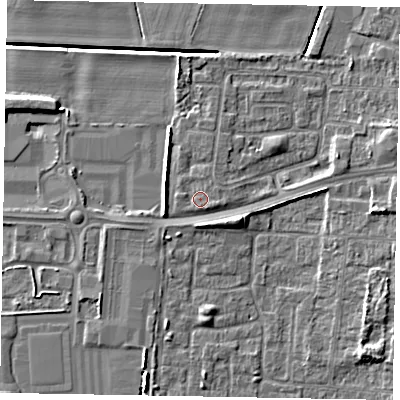 Shaded relief map of the ground around DN158BL, computed from Environment Agency LiDAR. The ground here sits at about 4 m above sea level and falls 7 m across the surrounding 800 m. Surface water reaching this point runs off ground lying to the east-south-east, 0.8 m higher.