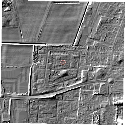 Shaded relief map of the ground around DN158BQ, computed from Environment Agency LiDAR. The ground here sits at about 3 m above sea level and falls 12 m across the surrounding 800 m. The ground contributing surface water to this point lies to the south-west.