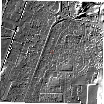 Shaded relief map of the ground around DN158DL, computed from Environment Agency LiDAR. The ground here sits at about 6 m above sea level and falls 22 m across the surrounding 800 m. Surface water reaching this point runs off ground lying to the east-south-east, 15.4 m higher.