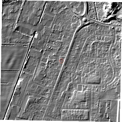 Shaded relief map of the ground around DN158DR, computed from Environment Agency LiDAR. The ground here sits at about 5 m above sea level and falls 14 m across the surrounding 800 m. Surface water reaching this point runs off ground lying to the east-north-east, 1.2 m higher.