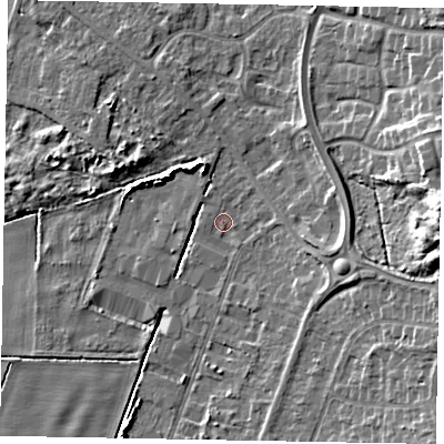Shaded relief map of the ground around DN158DS, computed from Environment Agency LiDAR. The ground here sits at about 3 m above sea level and falls 13 m across the surrounding 800 m. Surface water reaching this point runs off ground lying to the west-south-west, 2.0 m higher.