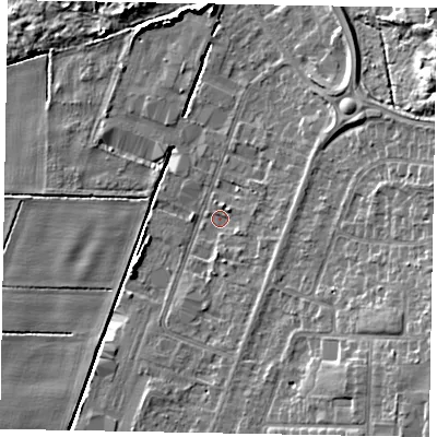 Shaded relief map of the ground around DN158DT, computed from Environment Agency LiDAR. The ground here sits at about 3 m above sea level and falls 12 m across the surrounding 800 m. Surface water reaching this point runs off ground lying to the east, 2.3 m higher.