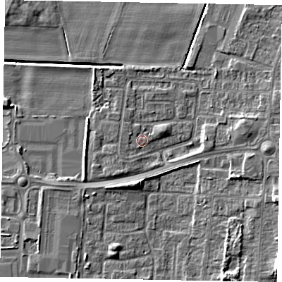 Shaded relief map of the ground around DN158DU, computed from Environment Agency LiDAR. The ground here sits at about 4 m above sea level and falls 9 m across the surrounding 800 m. Surface water reaching this point runs off ground lying to the west-north-west, 1.0 m higher.