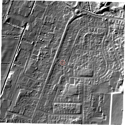 Shaded relief map of the ground around DN158DW, computed from Environment Agency LiDAR. The ground here sits at about 5 m above sea level and falls 16 m across the surrounding 800 m. Surface water reaching this point runs off ground lying to the east-south-east, 11.8 m higher.