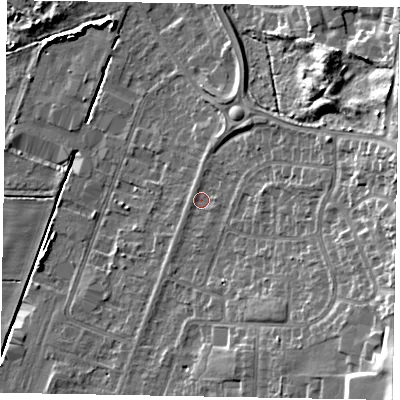 Shaded relief map of the ground around DN158DX, computed from Environment Agency LiDAR. The ground here sits at about 5 m above sea level and falls 17 m across the surrounding 800 m. Surface water reaching this point runs off ground lying to the east-north-east, 6.2 m higher.
