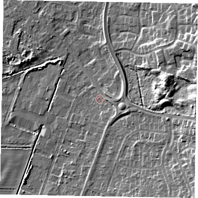 Shaded relief map of the ground around DN158DY, computed from Environment Agency LiDAR. The ground here sits at about 4 m above sea level and falls 14 m across the surrounding 800 m. Surface water reaching this point runs off ground lying to the east, 8.6 m higher.