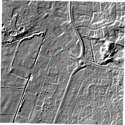 Shaded relief map of the ground around DN158DZ, computed from Environment Agency LiDAR. The ground here sits at about 4 m above sea level and falls 13 m across the surrounding 800 m. Surface water reaching this point runs off ground lying to the east-south-east, 3.6 m higher.