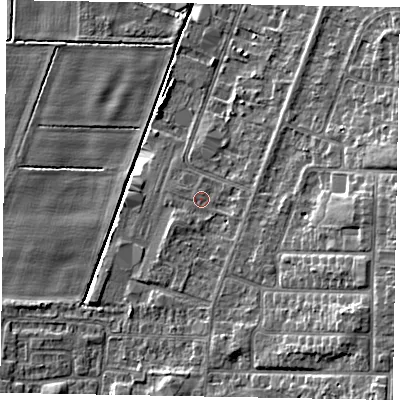 Shaded relief map of the ground around DN158EF, computed from Environment Agency LiDAR. The ground here sits at about 4 m above sea level and falls 10 m across the surrounding 800 m. Surface water reaching this point runs off ground lying to the east, 6.4 m higher.
