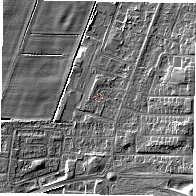 Shaded relief map of the ground around DN158EG, computed from Environment Agency LiDAR. The ground here sits at about 4 m above sea level and falls 12 m across the surrounding 800 m. Surface water reaching this point runs off ground lying to the east-south-east, 5.7 m higher.