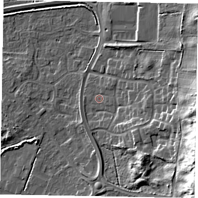Shaded relief map of the ground around DN158ER, computed from Environment Agency LiDAR. The ground here sits at about 5 m above sea level and falls 28 m across the surrounding 800 m. Surface water reaching this point runs off ground lying to the east, 4.8 m higher.