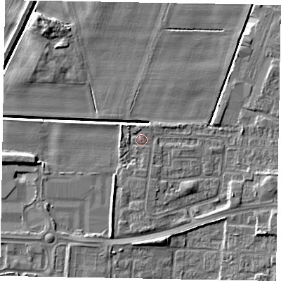 Shaded relief map of the ground around DN158FB, computed from Environment Agency LiDAR. The ground here sits at about 4 m above sea level and falls 7 m across the surrounding 800 m. Surface water reaching this point runs off ground lying to the west-north-west, 1.8 m higher.