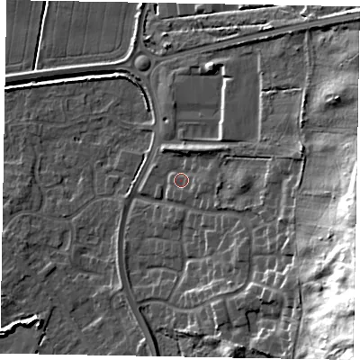 Shaded relief map of the ground around DN158JD, computed from Environment Agency LiDAR. The ground here sits at about 6 m above sea level and falls 39 m across the surrounding 800 m. Surface water reaching this point runs off ground lying to the east-north-east, 8.6 m higher.